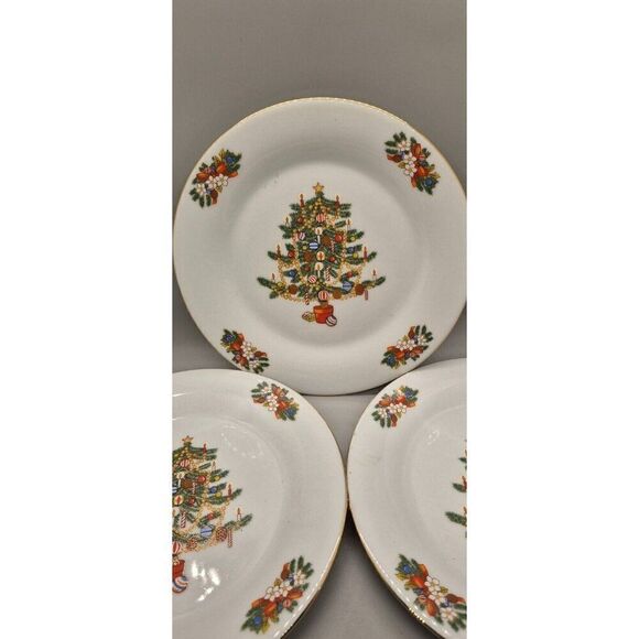 Set Of (3) Crown Ming Fine China Christmas Tree Salad Plate Mistletoe Dining - Picture 1 of 5